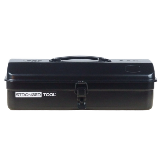 Black tool box with 'Stronger Tool' branding on a light wooden surface.