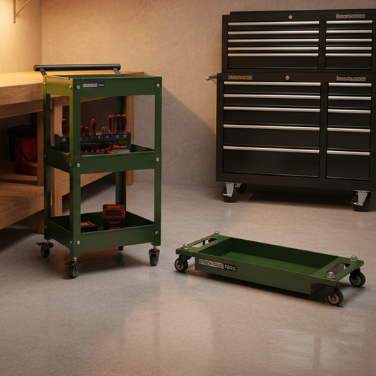 Garage workshop with workbench, tool cabinet, and tools.