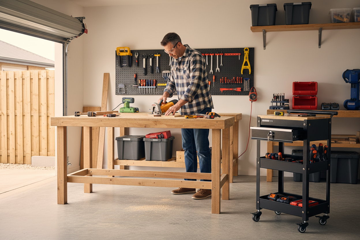 Man working on a wooden workbench in a well-equipped workshop.