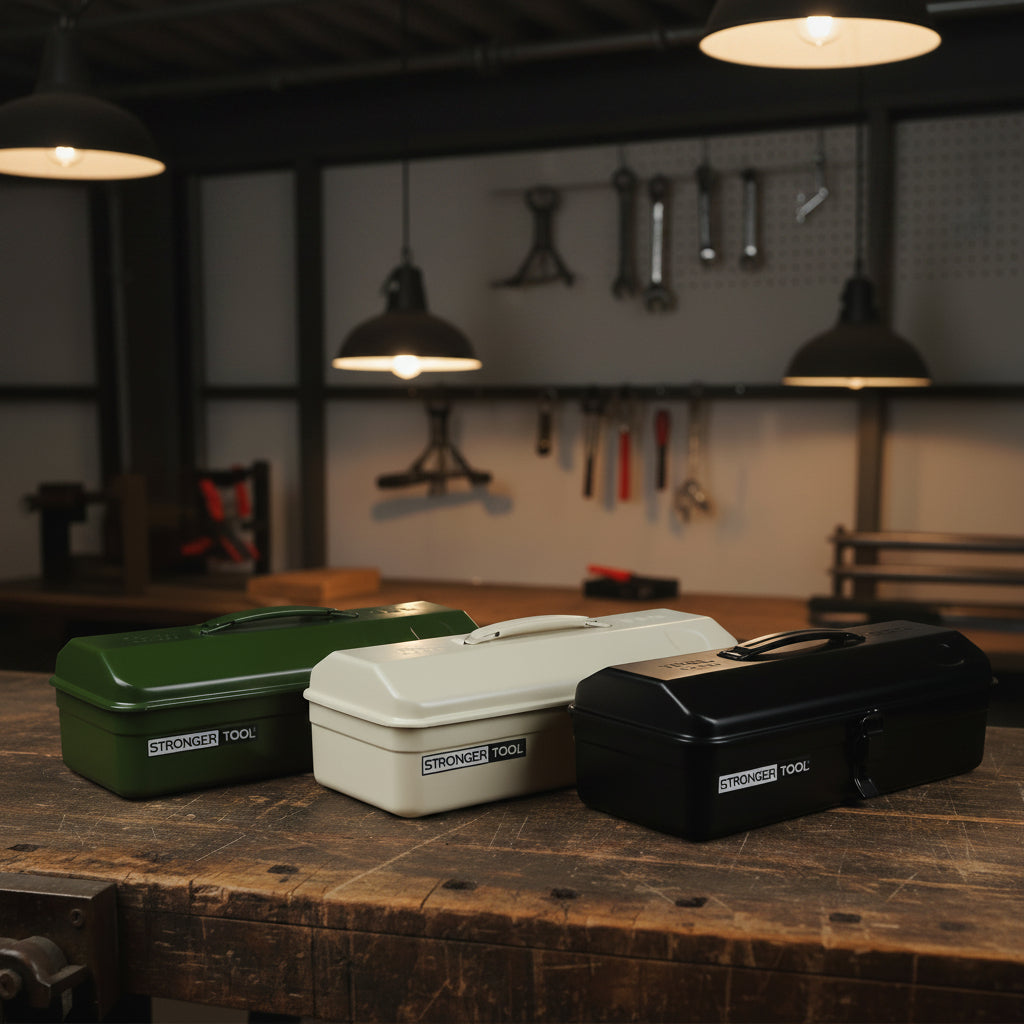 Three toolboxes in green, beige, and black on a wooden shelf with a white background.