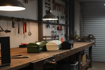 Dark workshop with tools on a workbench and shelves against a closed garage door.