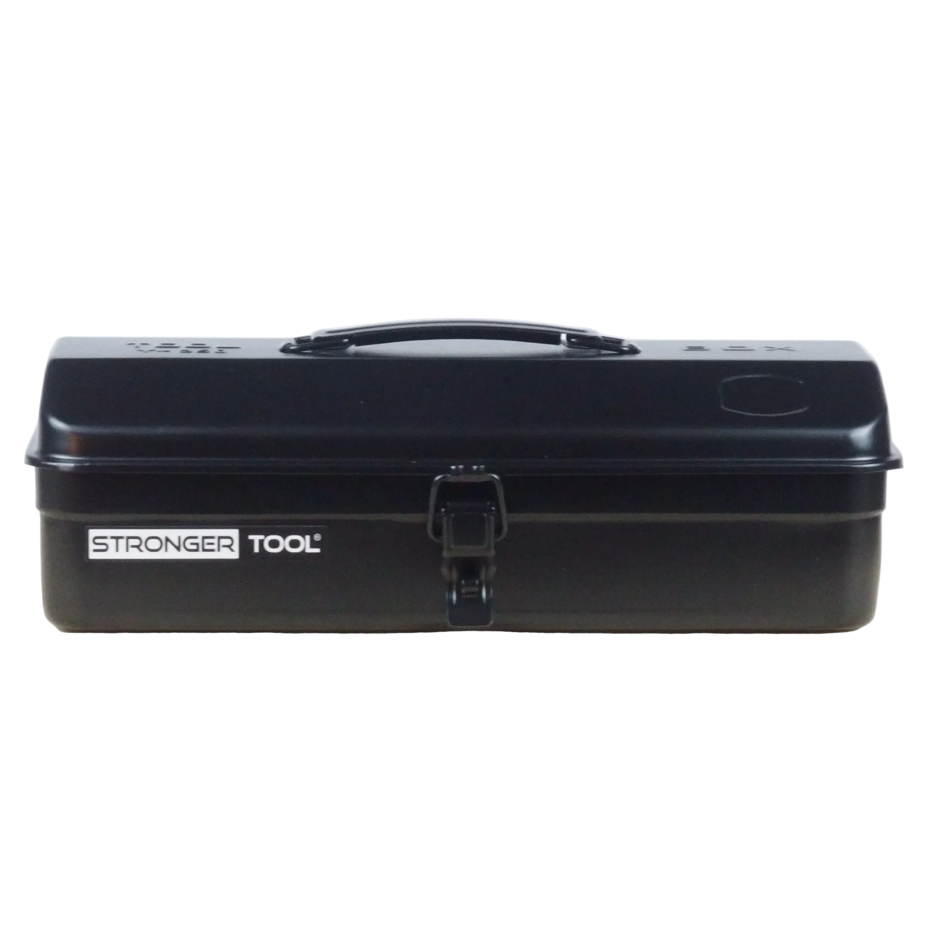 Black tool box with 'Stronger Tool' branding on a light wooden surface.