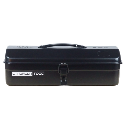 Black tool box with 'Stronger Tool' branding on a light wooden surface.