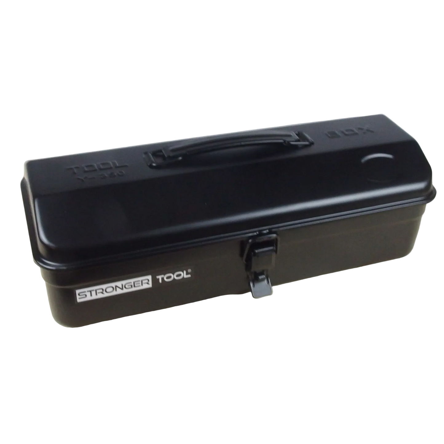 Black tool box with 'Stronger Tool' branding on a wooden surface.