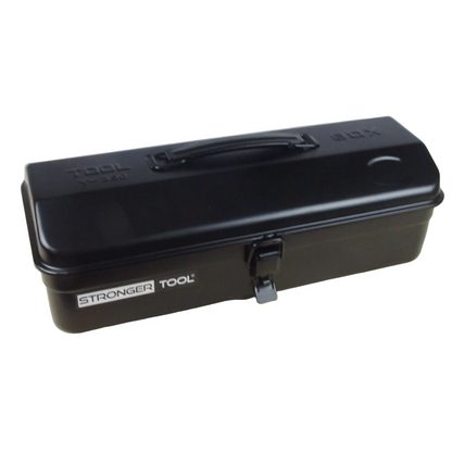 Black tool box with 'Stronger Tool' branding on a wooden surface.