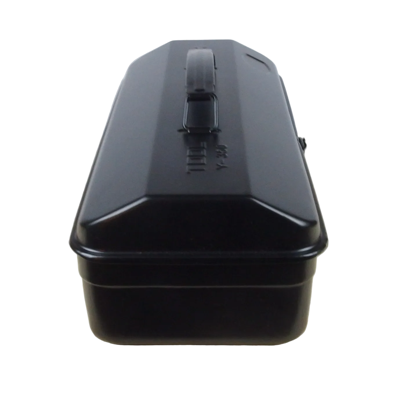Black rectangular storage box with a handle on a wooden surface