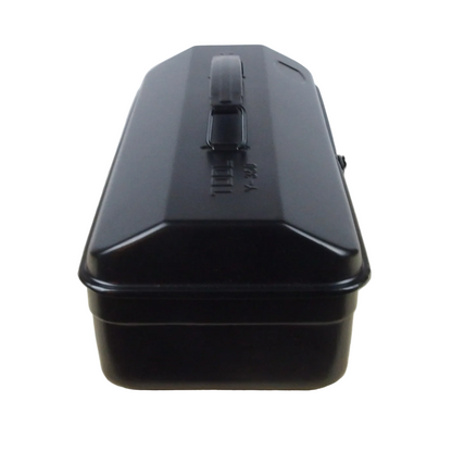 Black rectangular storage box with a handle on a wooden surface