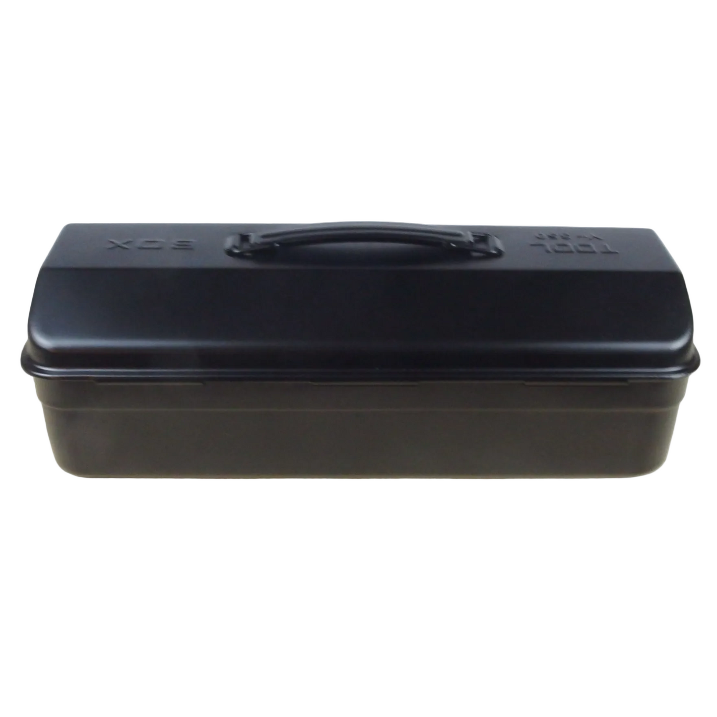 Black rectangular metal box with a handle on a wooden surface