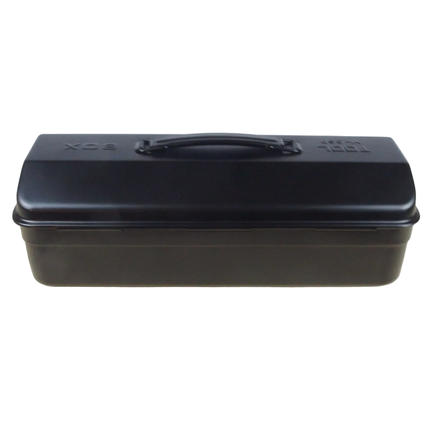 Black rectangular metal box with a handle on a wooden surface
