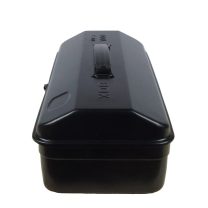 Black rectangular storage box on a wooden surface with a white background