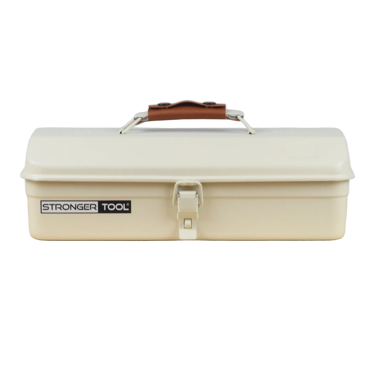Beige toolbox with a brown handle on a wooden surface
