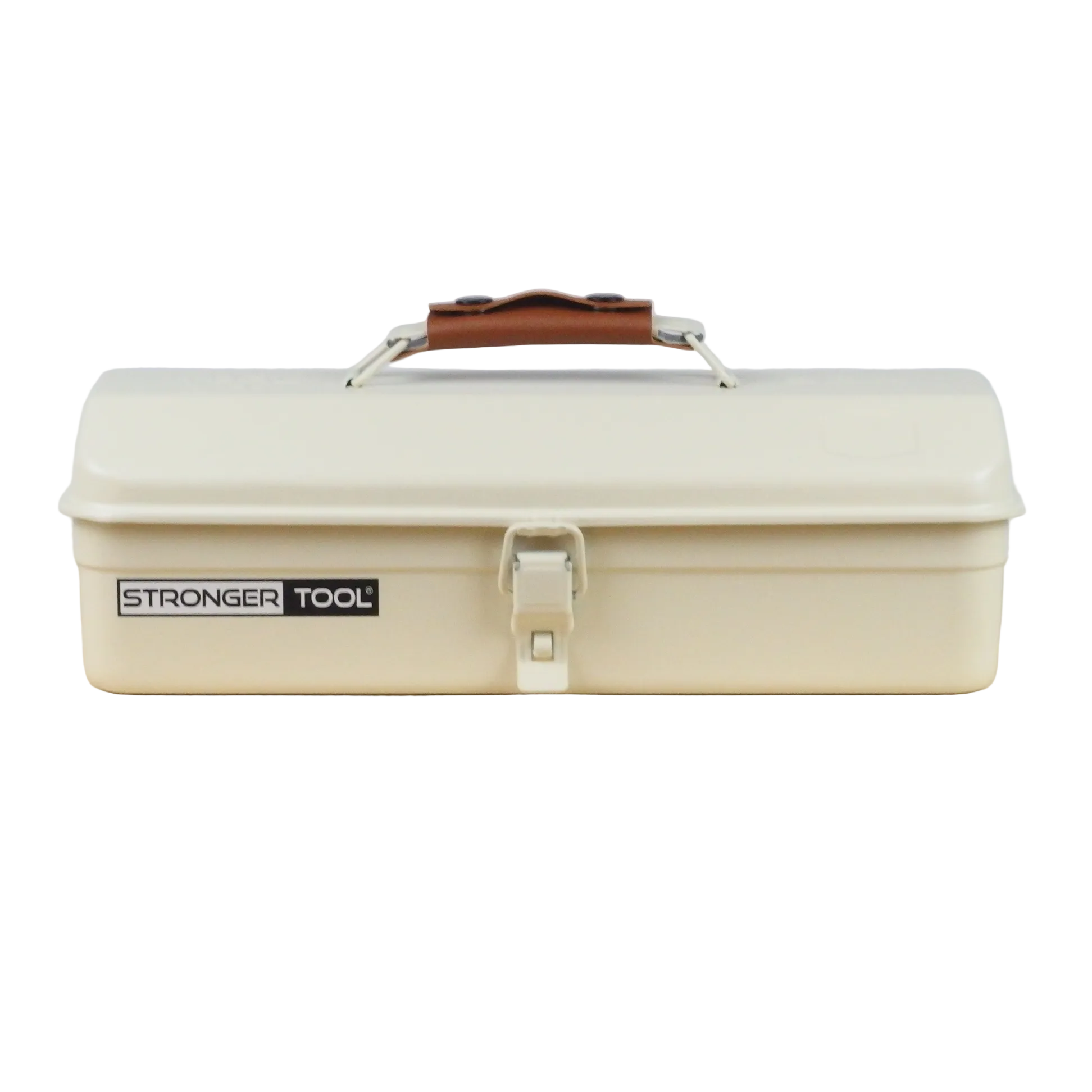 Beige toolbox with a brown handle on a wooden surface