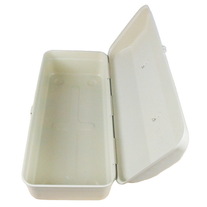Beige rectangular plastic container with a lid on a wooden surface