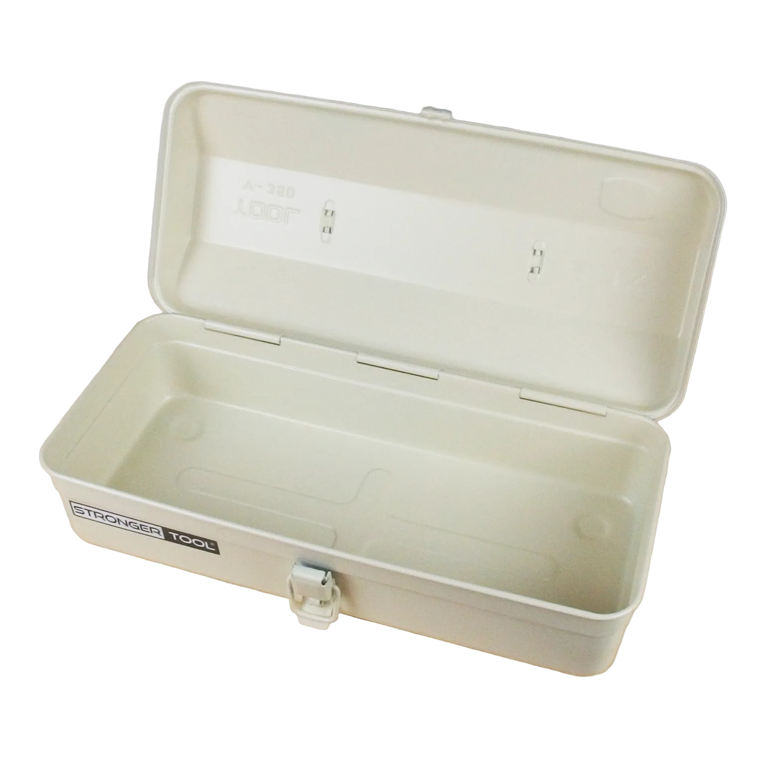 Beige toolbox with a visible brand logo on a wooden surface