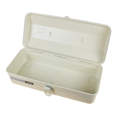Beige toolbox with a visible brand logo on a wooden surface