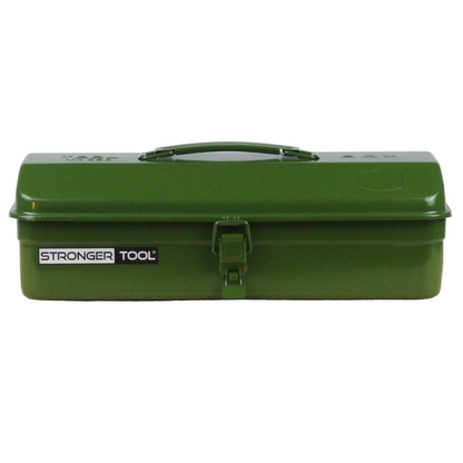 Green toolbox with 'Stronger Tool' branding on a wooden surface.