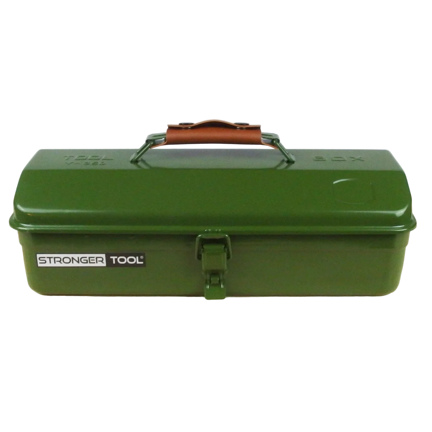 Green toolbox with a brown handle on a wooden surface