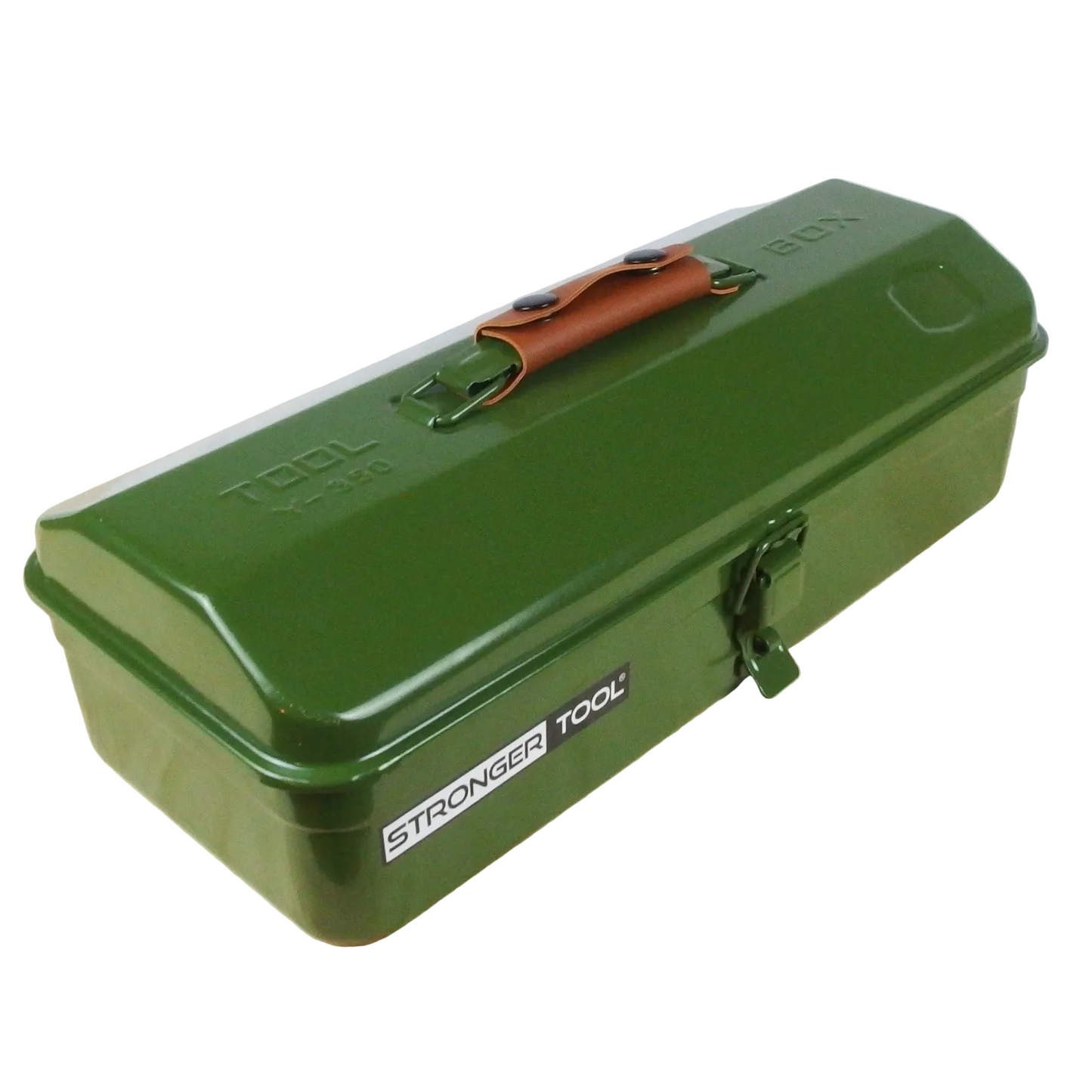Green tool box with 'Stronger Tool' branding on a wooden surface