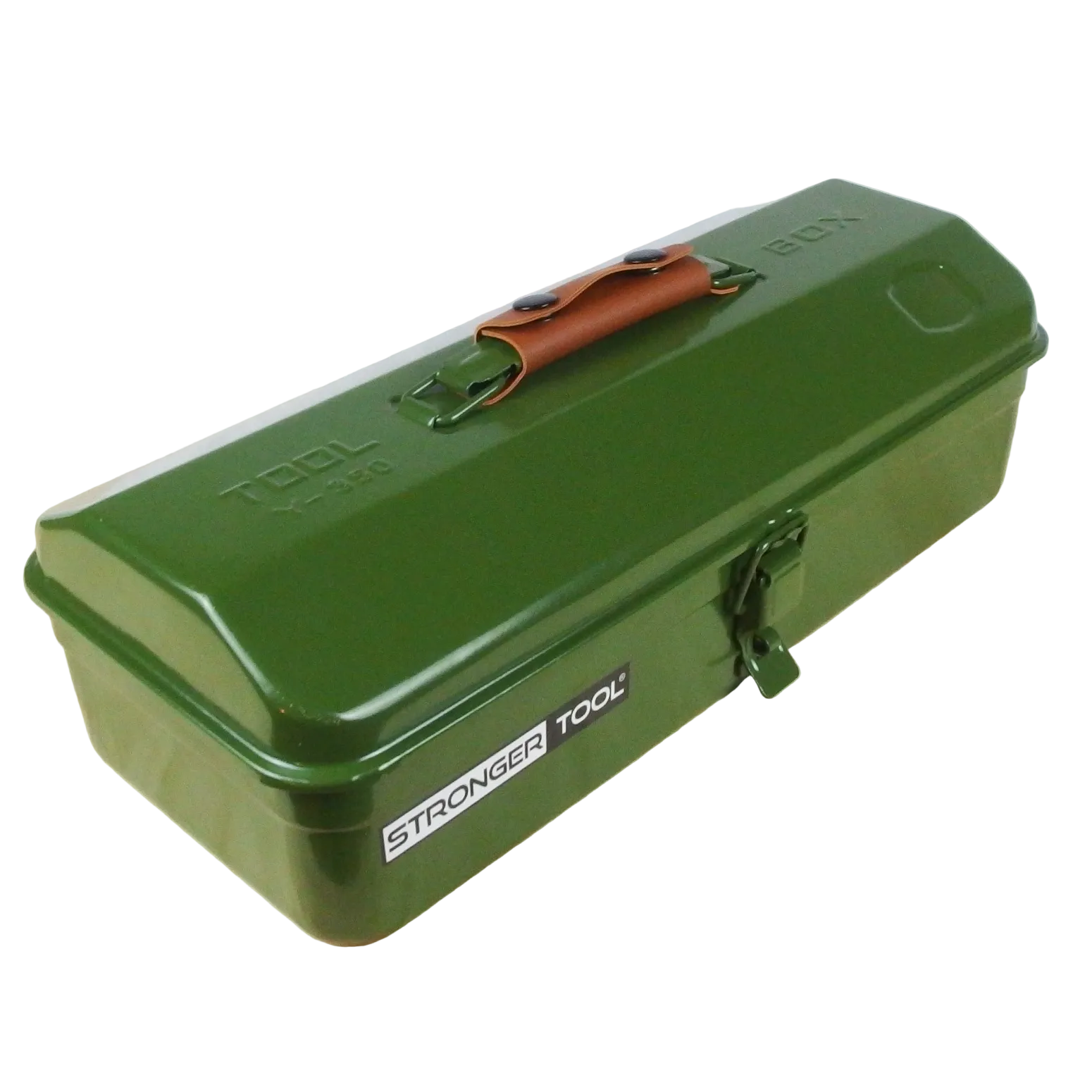 Green tool box with 'Stronger Tool' branding on a wooden surface