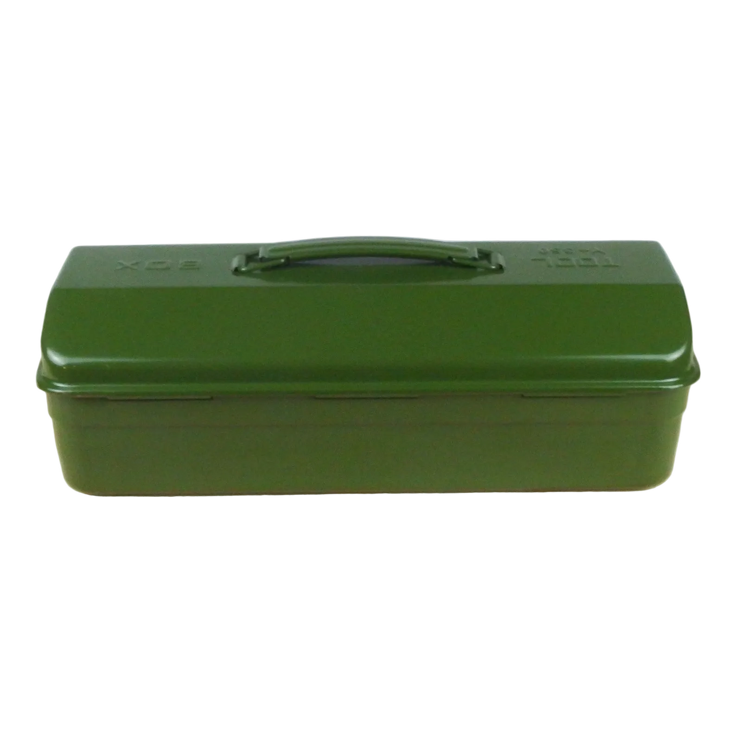 Green metal tackle box on a white background
