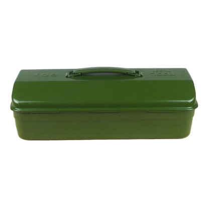Green metal tackle box on a white background