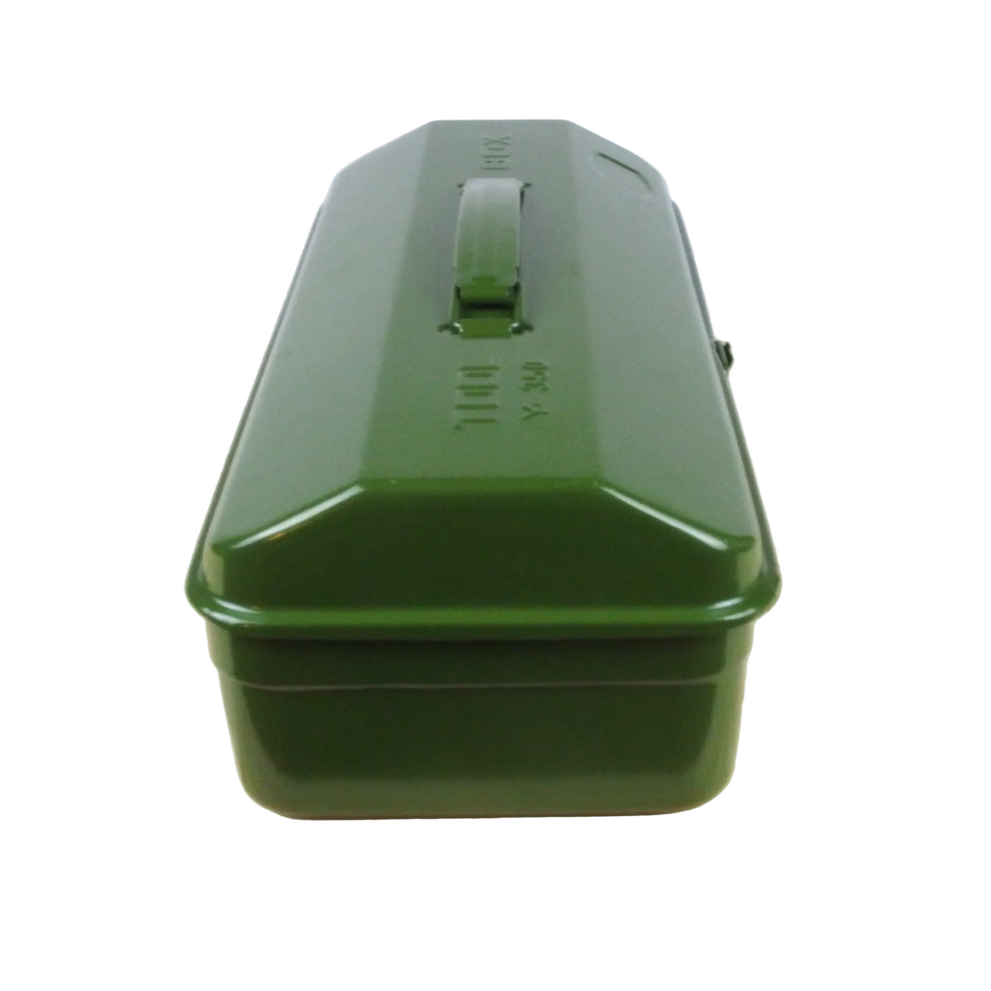 Green metal toolbox on a wooden surface with a white background