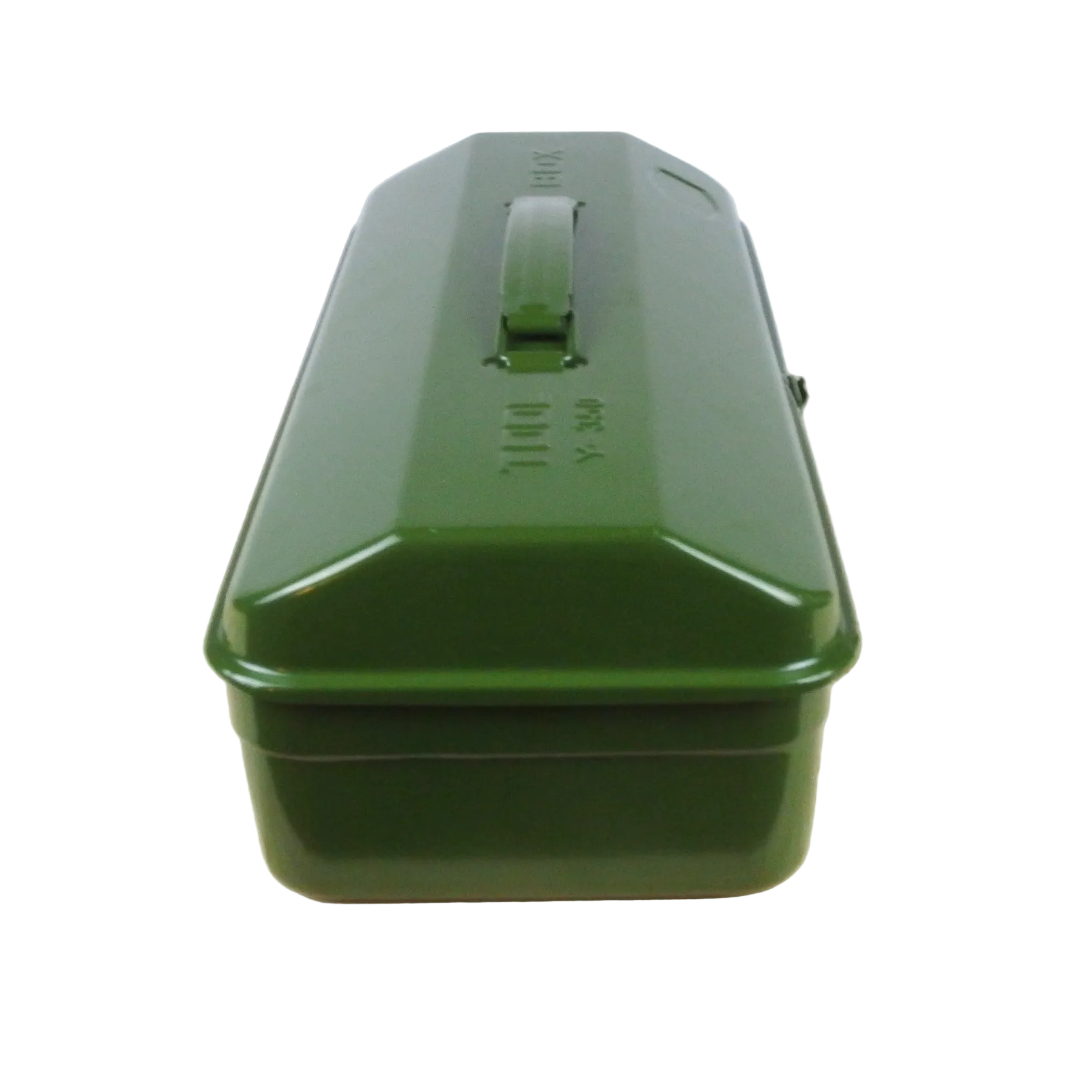 Green metal toolbox on a wooden surface with a white background