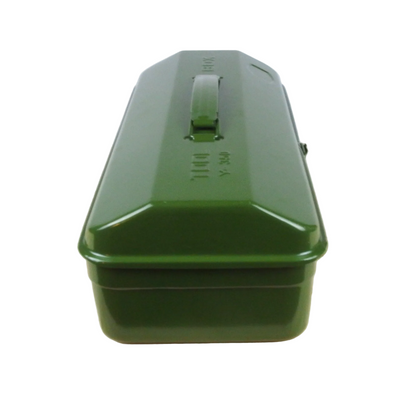 Green metal toolbox on a wooden surface with a white background