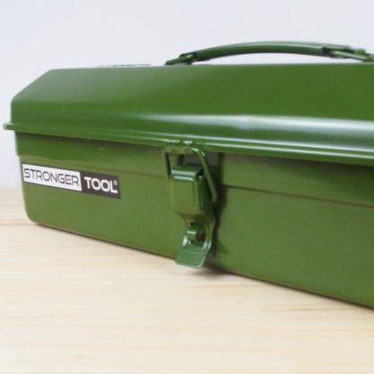 Green toolbox with 'Stronger Tool' branding on a light wooden surface.