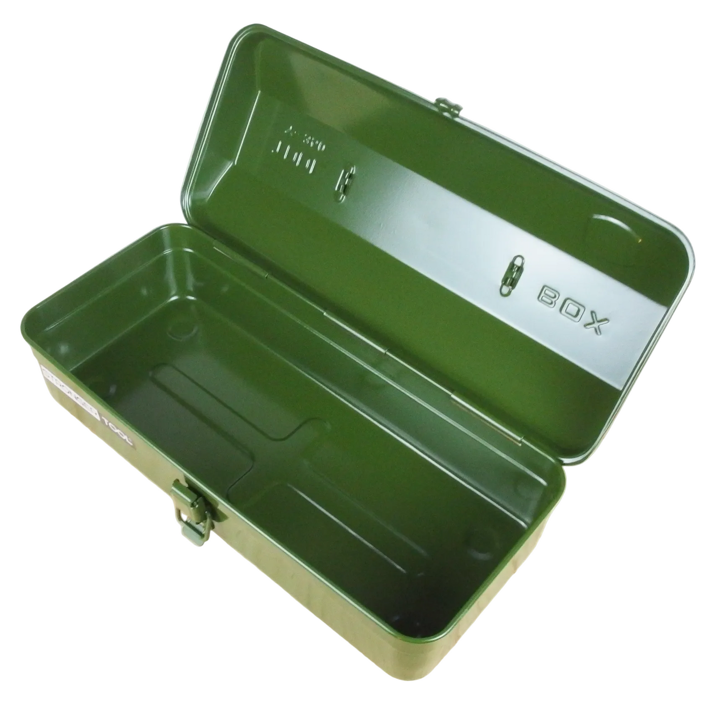 Green toolbox with open lid on a white background