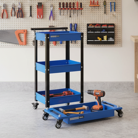 Organized garage with tools on pegboards and shelves, featuring a blue tool cart.