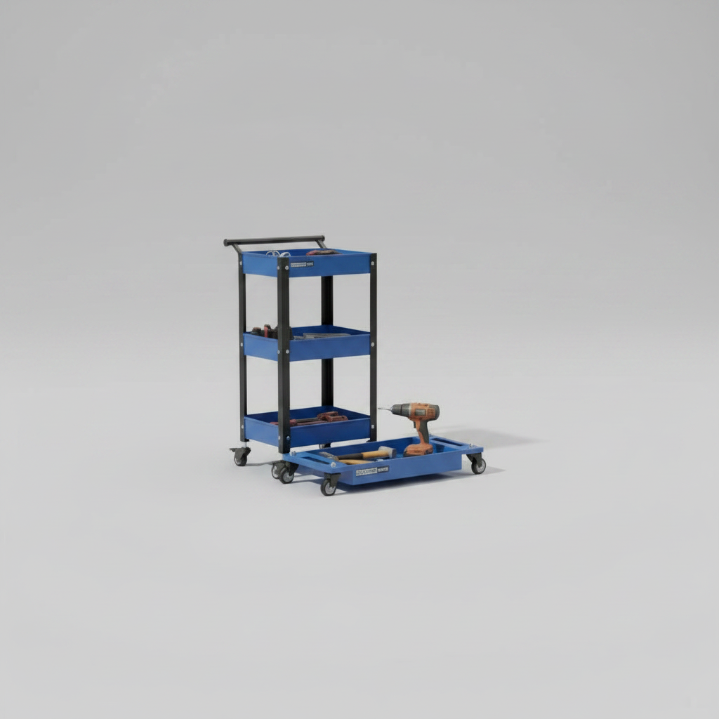 Blue tool cart with tools on a gray background