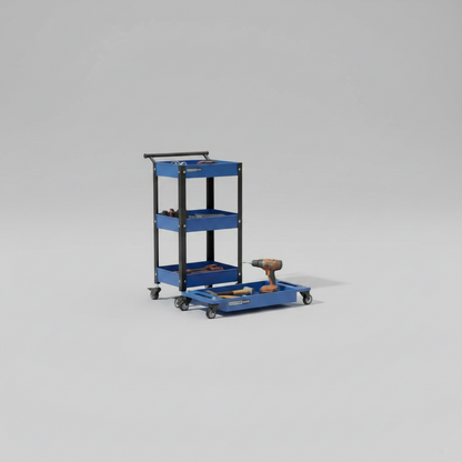 Blue tool cart with tools on a gray background