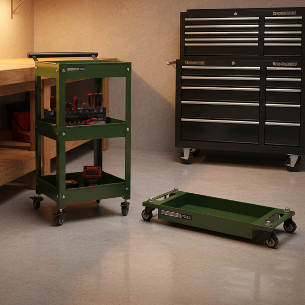 Garage workshop with workbench, tool cabinet, and tools.