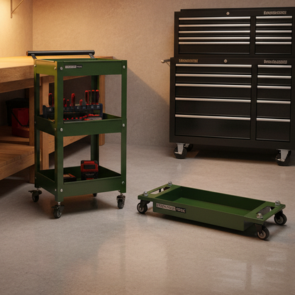 Garage workshop with workbench, tool cabinet, and tools.