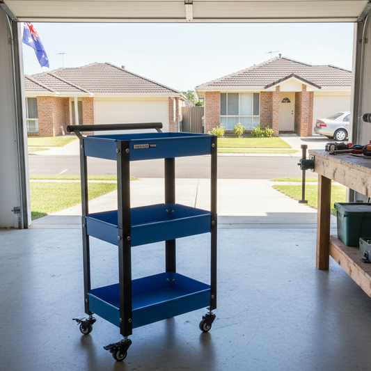 Garage with a blue cart, workbench, and tools