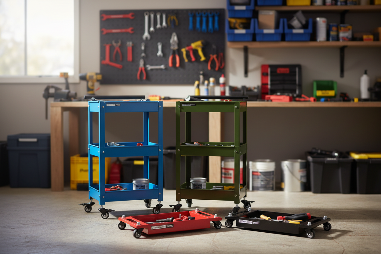 Set of rolling tool carts in a workshop setting with tools and equipment in the background.