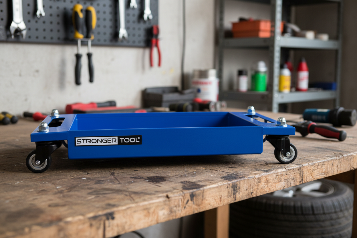 Blue tool cart with 'Stronger Tool' branding on a workshop bench.