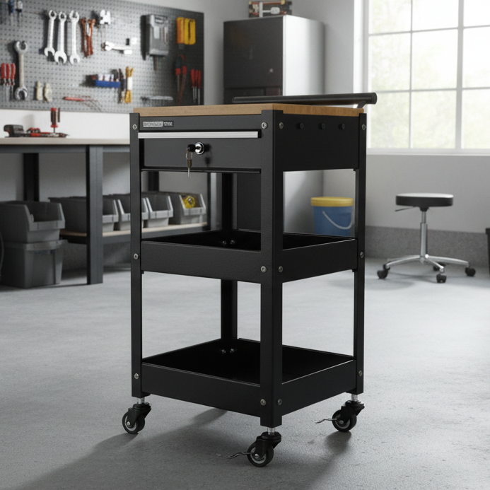 Black rolling cart in a workshop with tools and equipment on the walls.