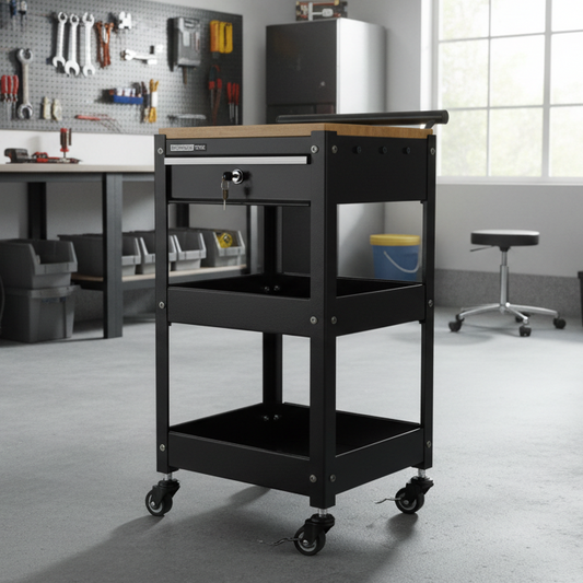 Black rolling cart in a workshop with tools and equipment on the walls.